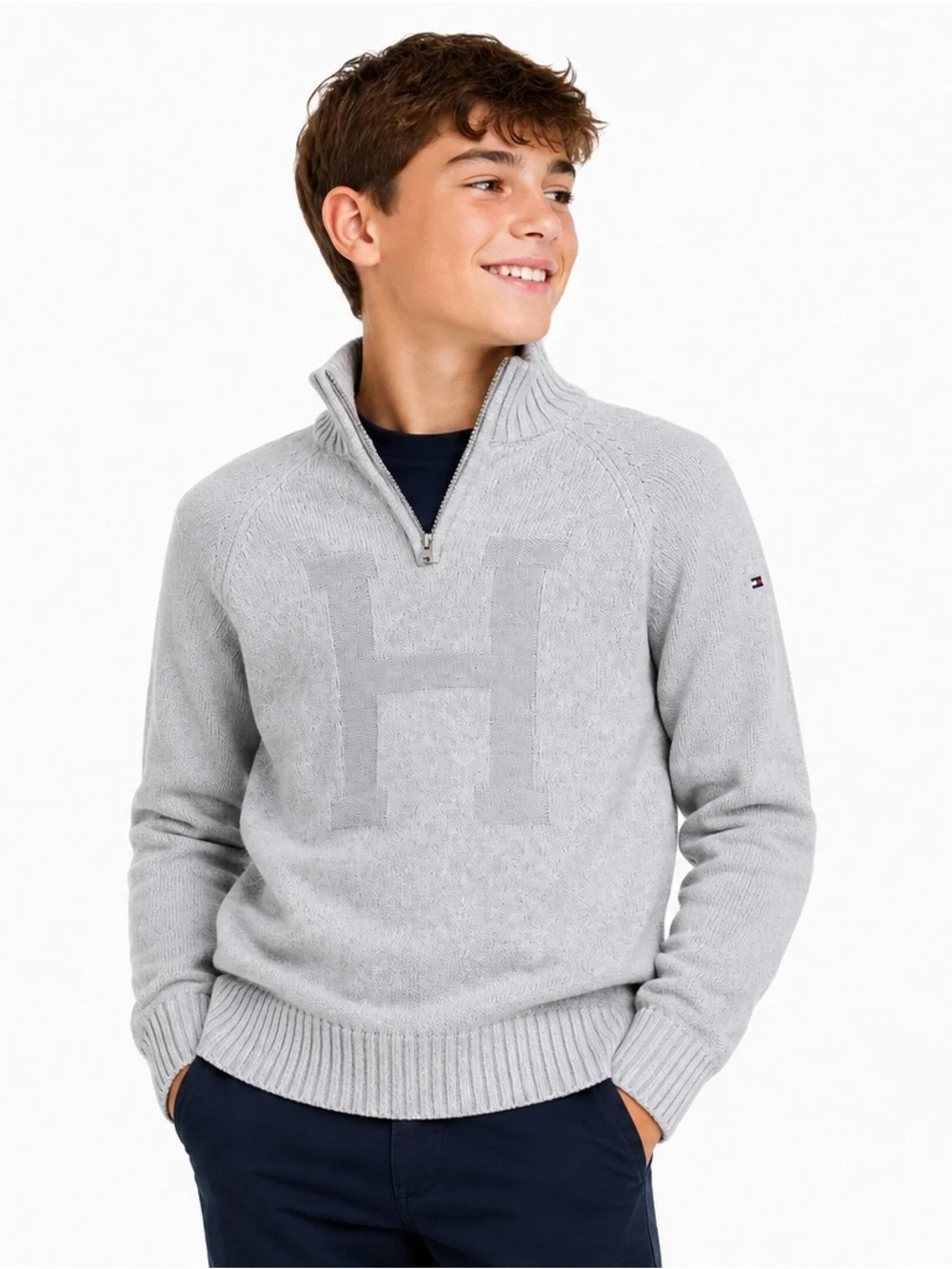 Tommy Hilfiger Boys Gray 1/4 Zip Knit Jumper Sweater M 12/14 H Logo Cotton